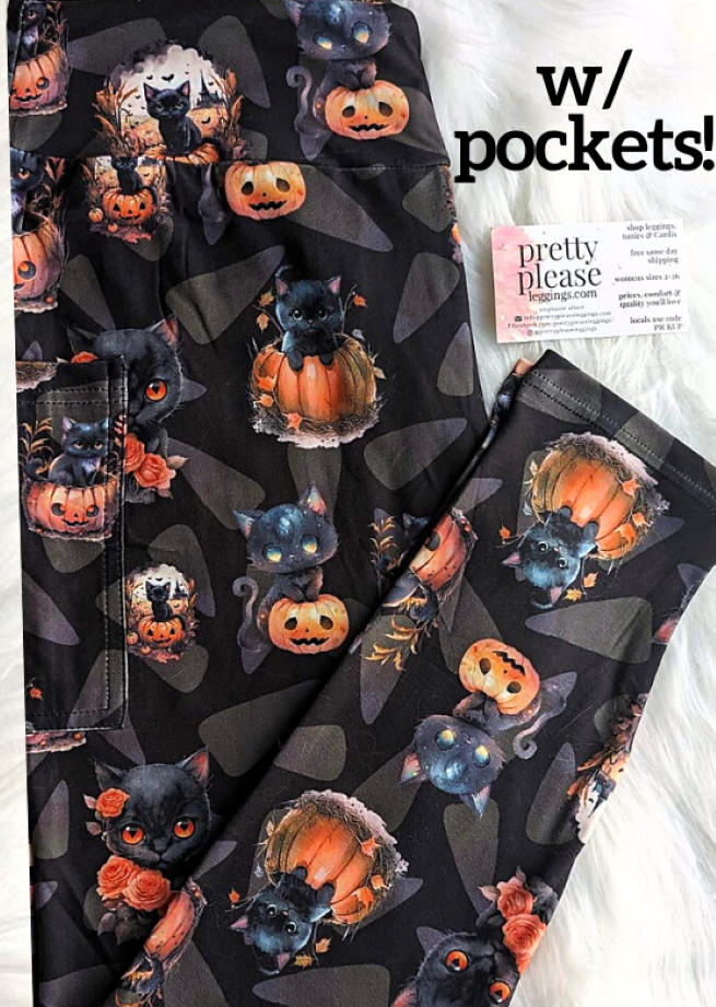 Sweet Black Cat Pumpkins Super SOFT Leggings Halloween OS TC Plus