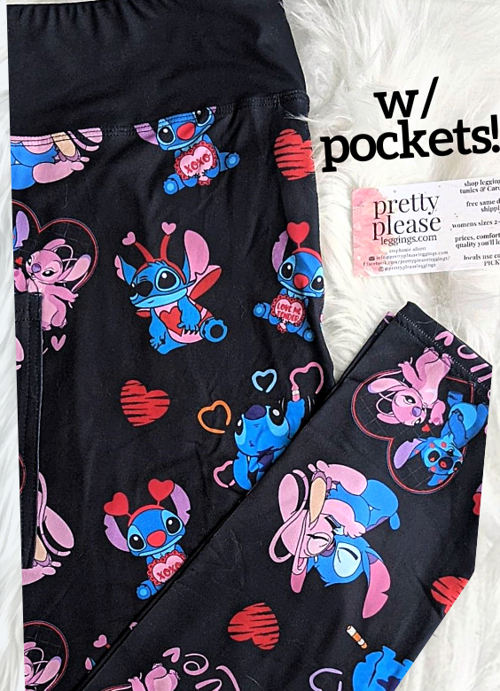 Stitch Angel BFFs Super SOFT Yoga Band Leggings Disney Valentines Day Lilo Love rts
