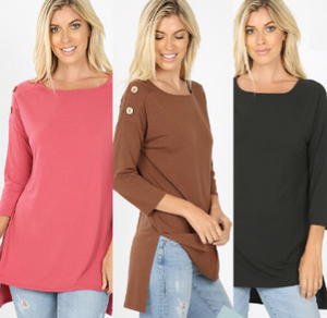 Plus Size Button Detail Side Slit Tunic -Relaxed Fit rts 1X 2X 3X Black Brown Pink - Pretty Please Leggings