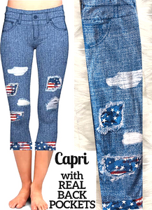 Distressed Denim Look Flag SOFT Capri Leggings July 4th Independence Day Red White Blue Capris rts
