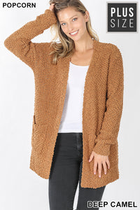 Popcorn Cardigan Sweater -Cozy Teddy Bear Relaxed Fit Misses & Plus S-2X (tunic length) rts Black Camel Pink - Pretty Please Leggings