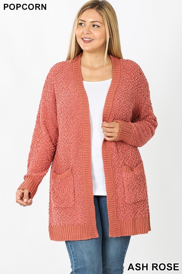 Popcorn Cardigan Sweater -Cozy Teddy Bear Relaxed Fit Misses & Plus S-2X (tunic length) rts Black Camel Pink - Pretty Please Leggings