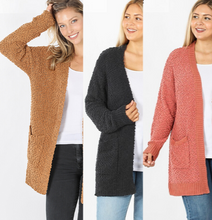 Popcorn Cardigan Sweater -Cozy Teddy Bear Relaxed Fit Misses & Plus S-2X (tunic length) rts Black Camel Pink - Pretty Please Leggings