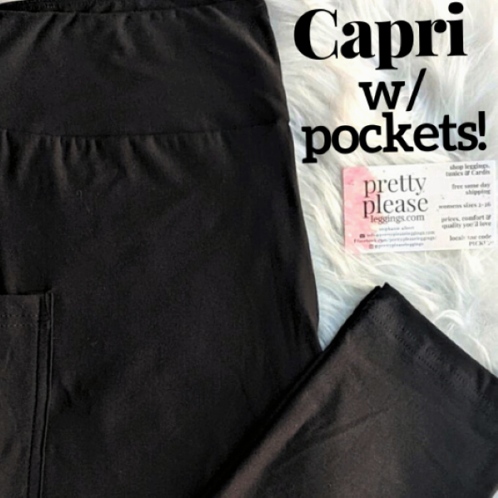 Solid Black CAPRI W/ POCKETS Double Brushed Super SOFT Yoga Band Leggi –  Pretty Please Leggings